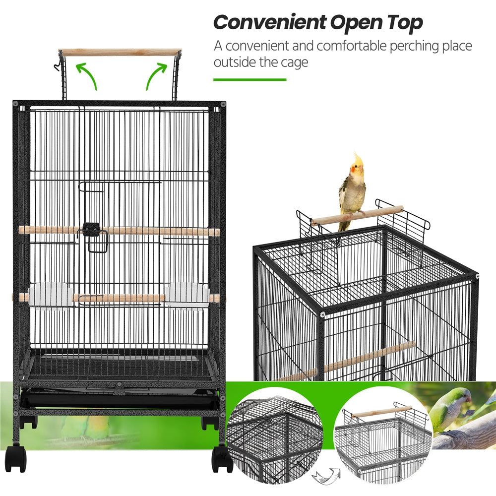 Bird Cage with Rolling Stand Open Top 31 Inch Wrought Iron Black - Slide Out Tray Feeder Doors 2 Feeders 3 Perches for Budgies Parakeets Cockatiels Canaries Finches Small Bird Home Cage