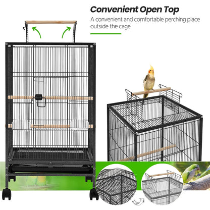 Bird Cage with Rolling Stand Open Top 31 Inch Wrought Iron Black - Slide Out Tray Feeder Doors 2 Feeders 3 Perches for Budgies Parakeets Cockatiels Canaries Finches Small Bird Home Cage