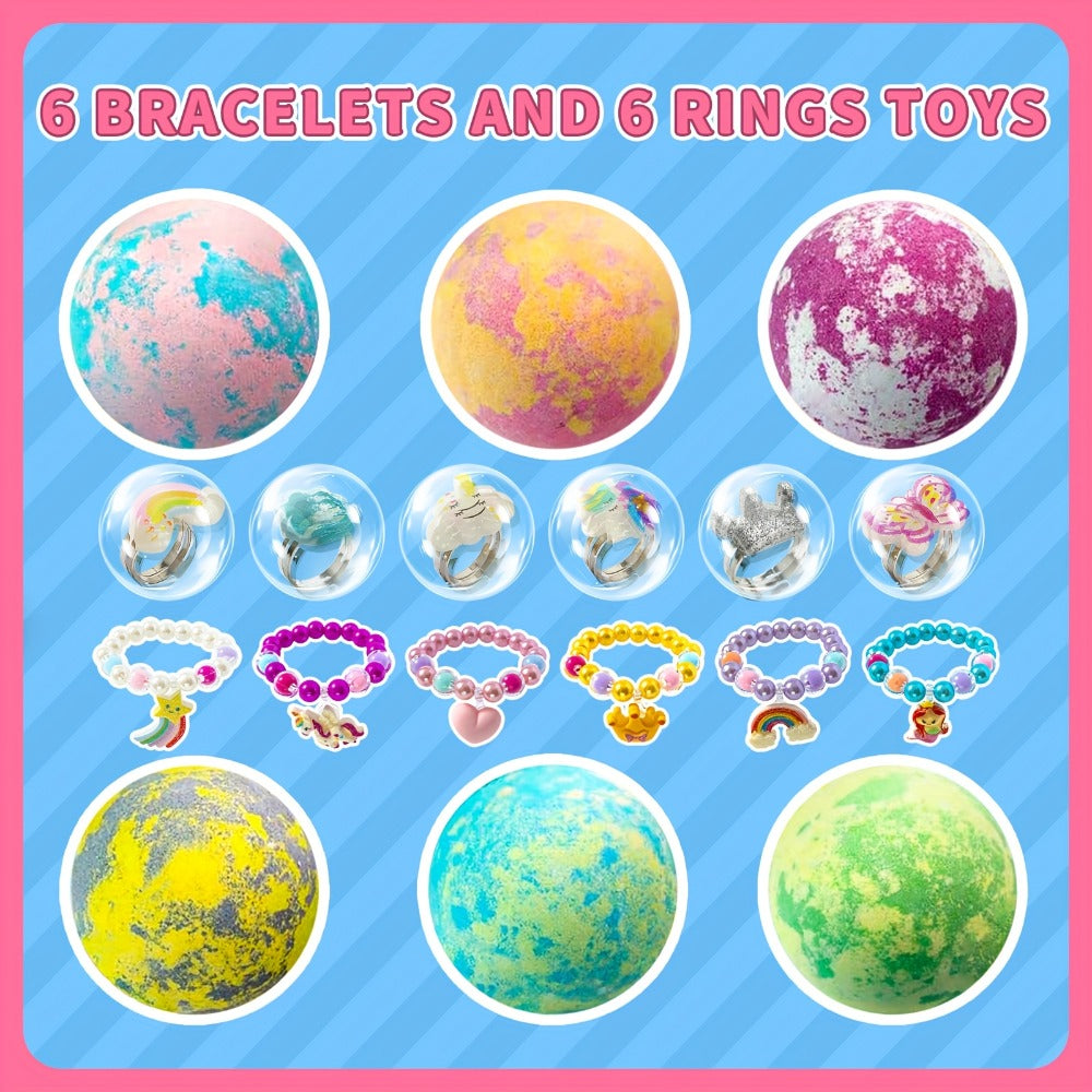 Bath Bombs, 6-Piece Unicorn Surprise Gift Set with Colorful Round Fizzers, Bracelet and Ring Accessories