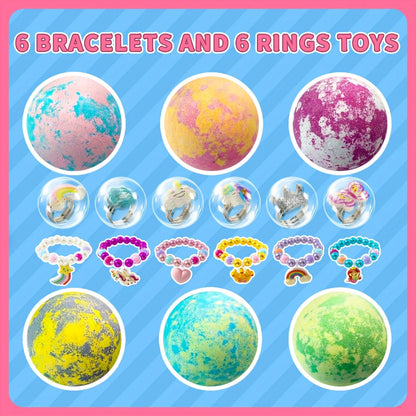 Bath Bombs, 6-Piece Unicorn Surprise Gift Set with Colorful Round Fizzers, Bracelet and Ring Accessories
