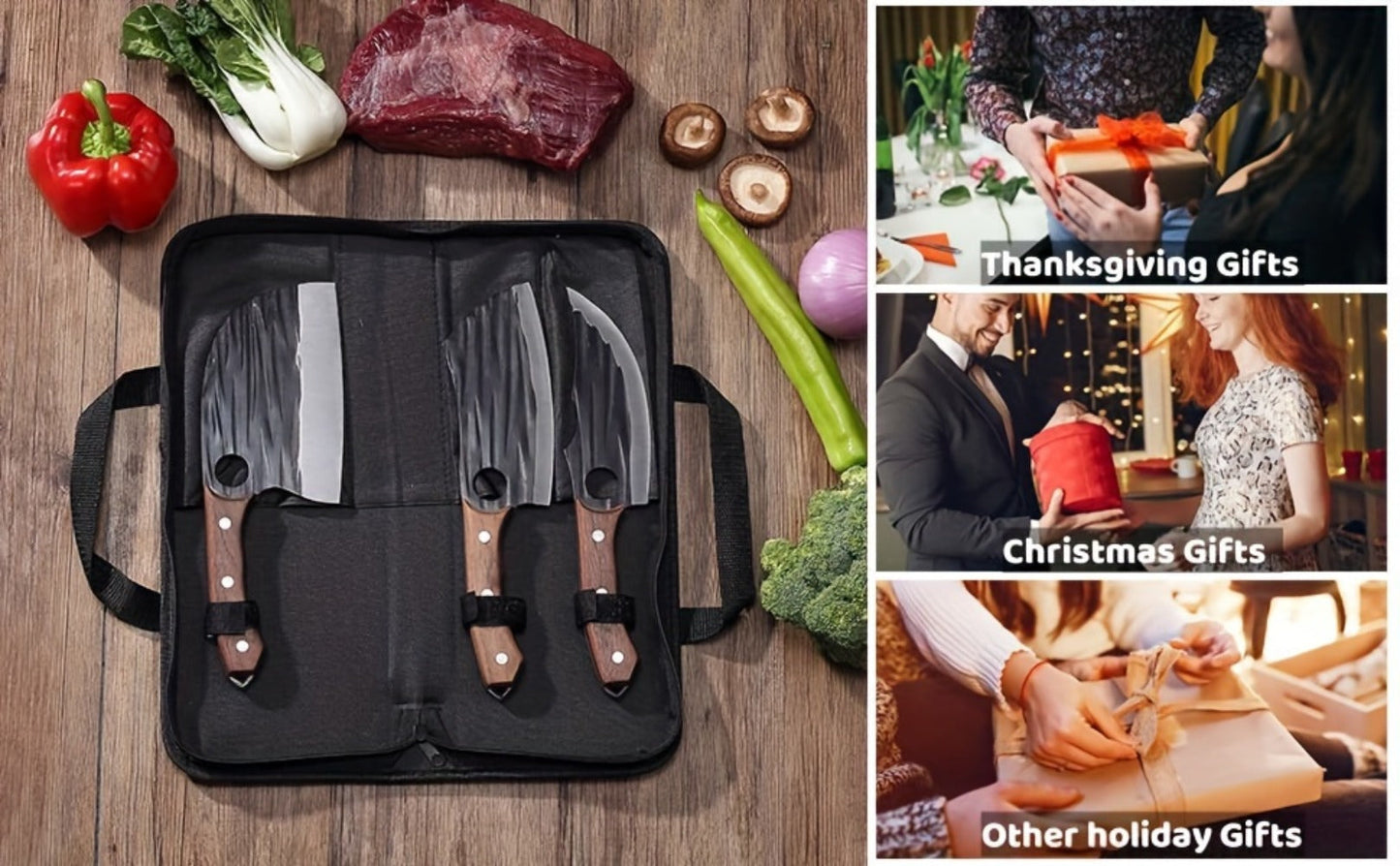 Three-Piece Butcher Knife Set with Dark Patterned Cleaver Blades, Riveted Wood-Look Handles and Carrying Case