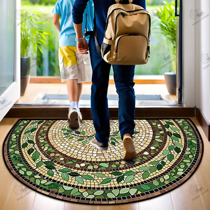 Green Leaf Mosaic Door Mat with Half-Round Shape, Concentric Decorative Borders and 32 x 20-Inch Size