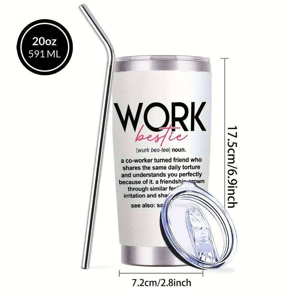 Insulated Tumbler 20oz Work Bestie Graphic in White 304 Stainless Steel with Lid and Straw