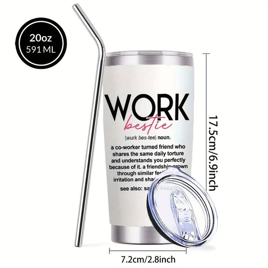 Insulated Tumbler 20oz Work Bestie Graphic in White 304 Stainless Steel with Lid and Straw