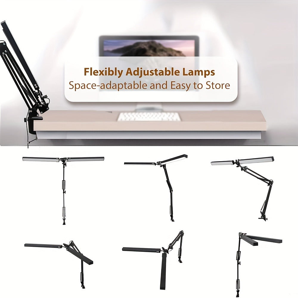 Dual-Head LED Desk Lamp with 28-Inch Light Bars, Clamp Base, USB Controller and Three Color Modes