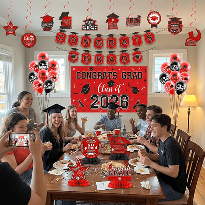 Class of 2026 Graduation Party Decorations – Complete Set with Backdrop Banner Hanging Swirls Balloons & Honeycomb Supplies, 6 Color Options Purple Maroon Blue Red Green Gold