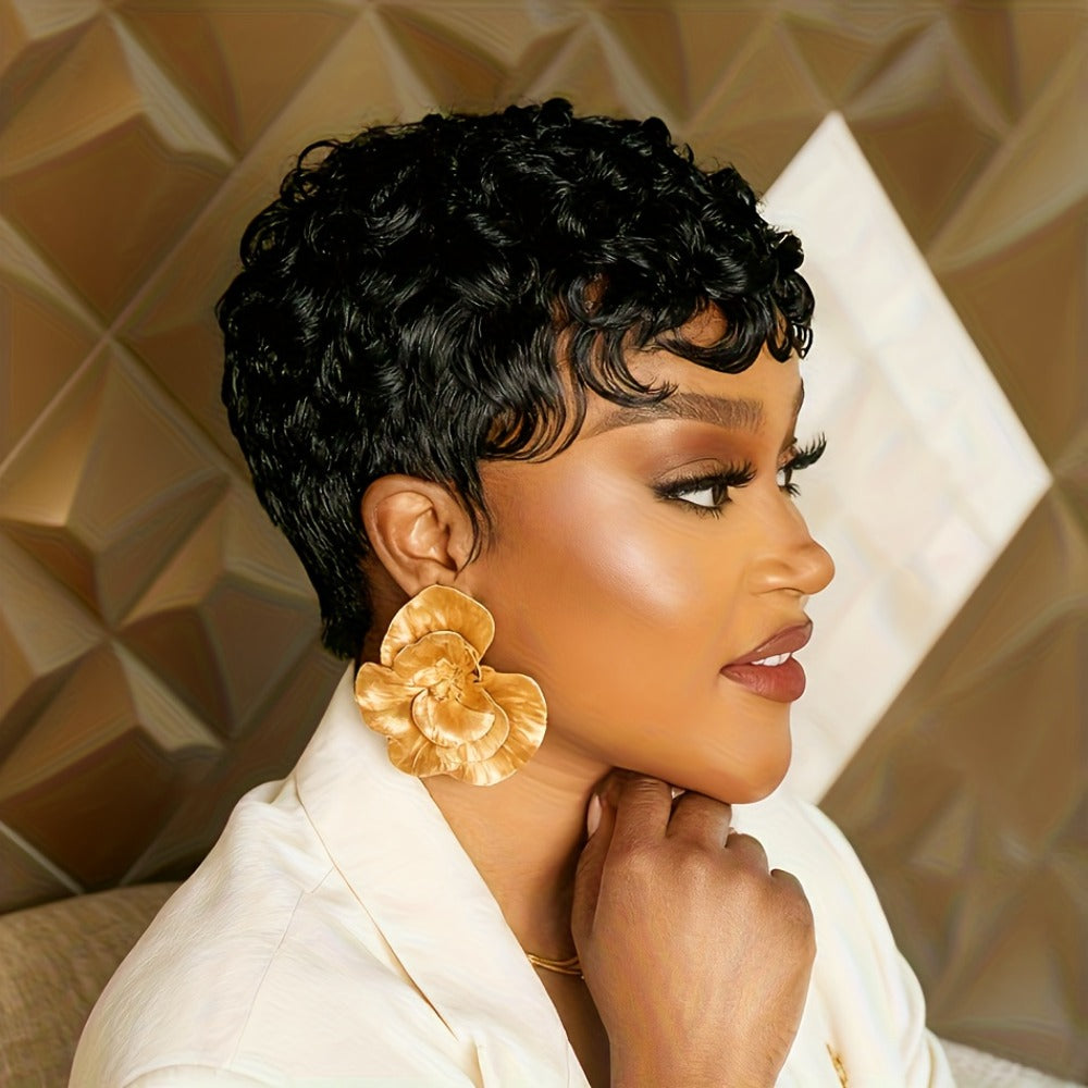 Glueless Human Hair Wig Short Curly Pixie Cut with Bangs – 180% Density Brazilian Remy Natural Black, Layered Loose Curly Bob Machine Made Cap for Women, Lightweight Comfortable Daily Wear, 6 Inch