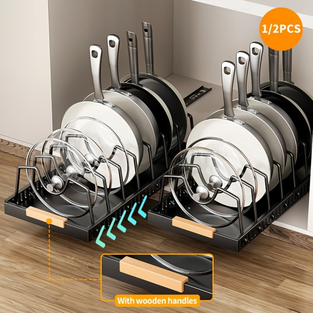 Pull-Out Pot and Pan Organizer with Sliding Cabinet Base, Eight Adjustable Dividers and One- or Two-Pack Options