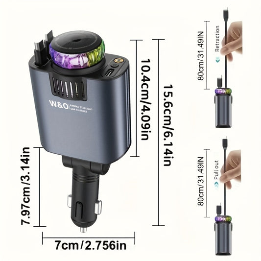 3-in-1 Car Charger, Air Freshener & Starry Sky Ceiling Light – Retractable Type-C & Lightning Cable, Aromatherapy Perfume, Purple Ambient Light, for iPhone & Android