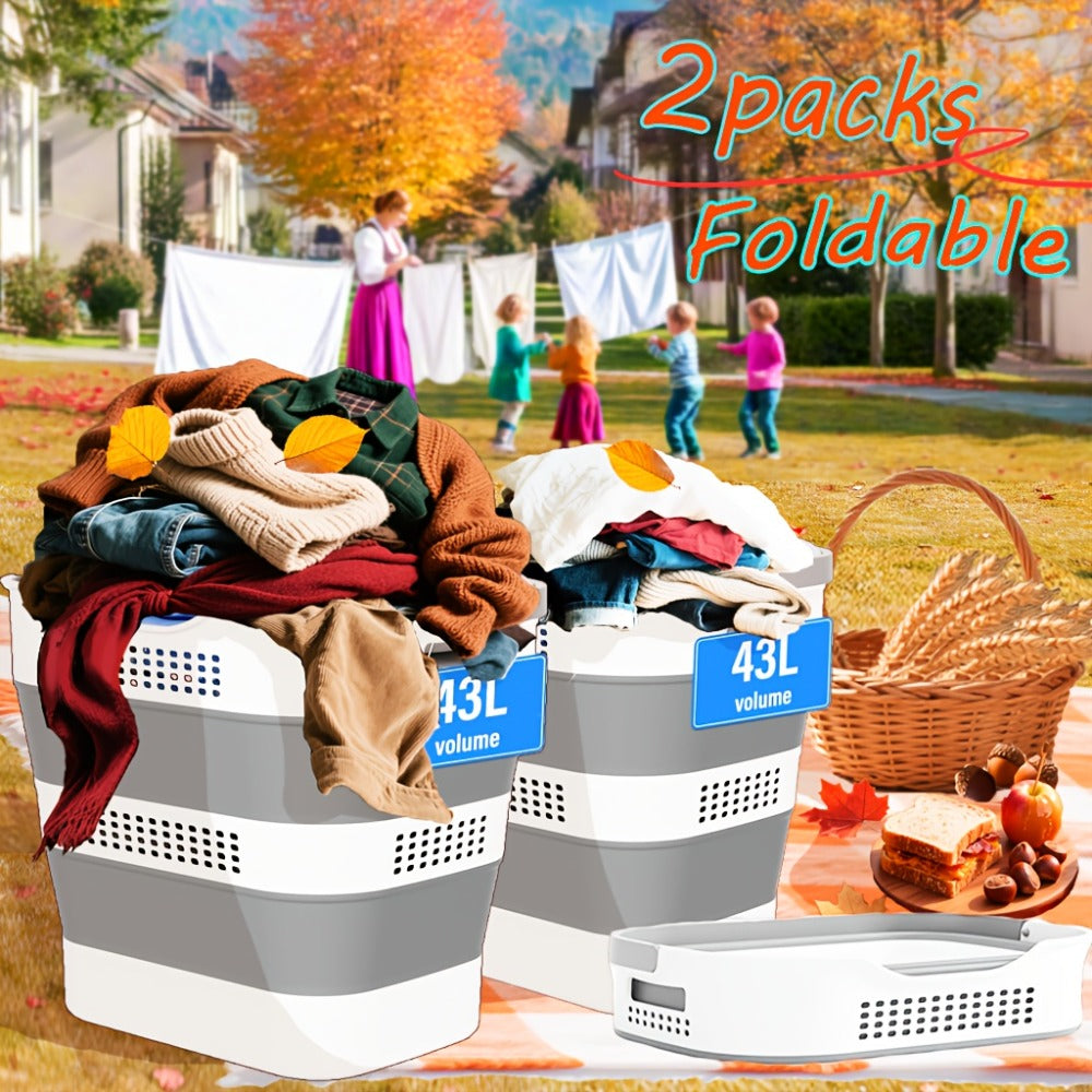 Collapsible 43L Laundry Basket in Grey with Carry Handles, Single or 2-Pack Folding Checkout Options