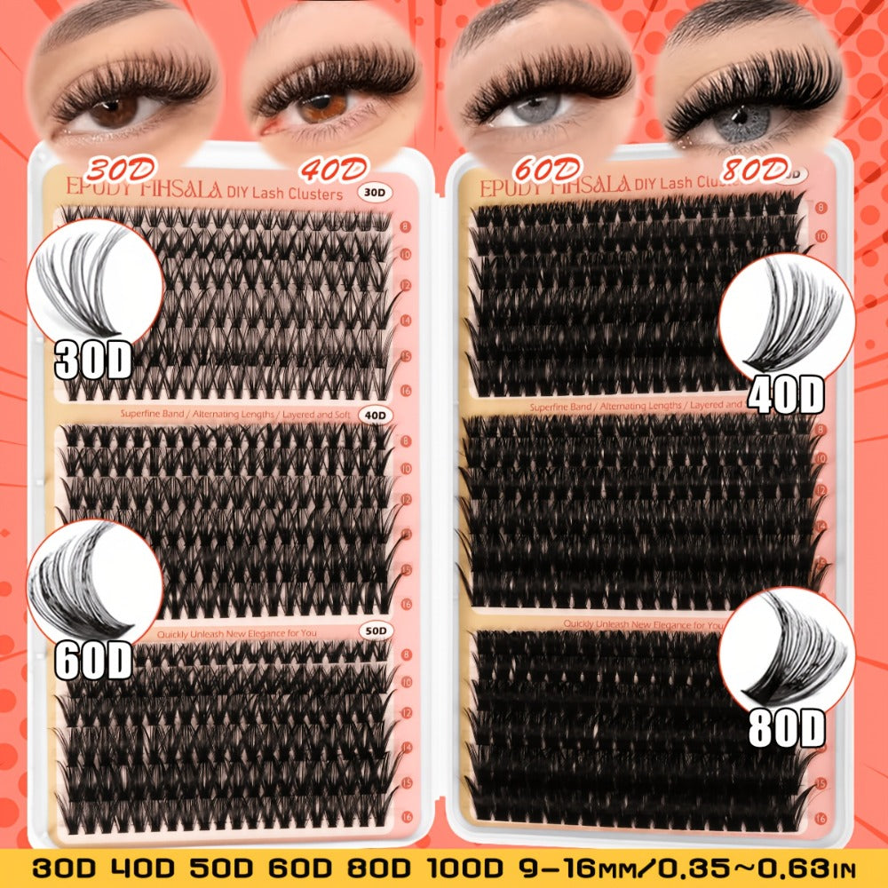 Lash Extension Kit with 708 Clusters in 8-16mm Mixed Lengths and 30D-100D Densities, Glue, Tweezers and Brush