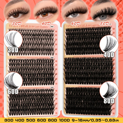 Lash Extension Kit with 708 Clusters in 8-16mm Mixed Lengths and 30D-100D Densities, Glue, Tweezers and Brush