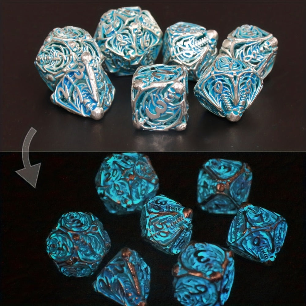 Metal Skull Dice Set 7pcs Glow in the Dark – Hollow UV Fluorescent Polyhedral DnD RPG Dice for Dungeon Masters, Skeleton Design Blue, Tabletop Gamer Gift Halloween Christmas Birthday