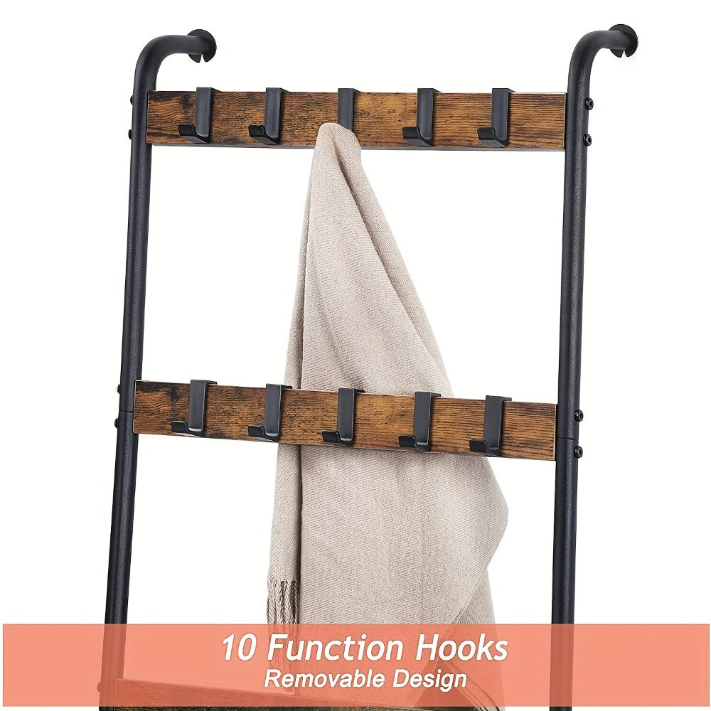 Five-Tier Brown Blanket Ladder with Ten Removable Hooks in One- or Two-Piece Checkout Options