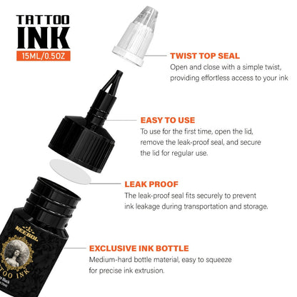 Tattoo Ink 14- or 21-Color Set with 0.5oz 15ml Bottles and Two Source Palette Choices for Color Selection