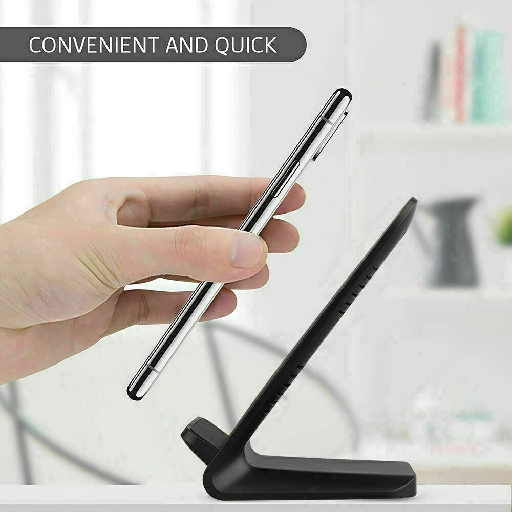 Black Dual-Coil Wireless Charging Stand with Vertical or Horizontal Support and 19 Device Labels
