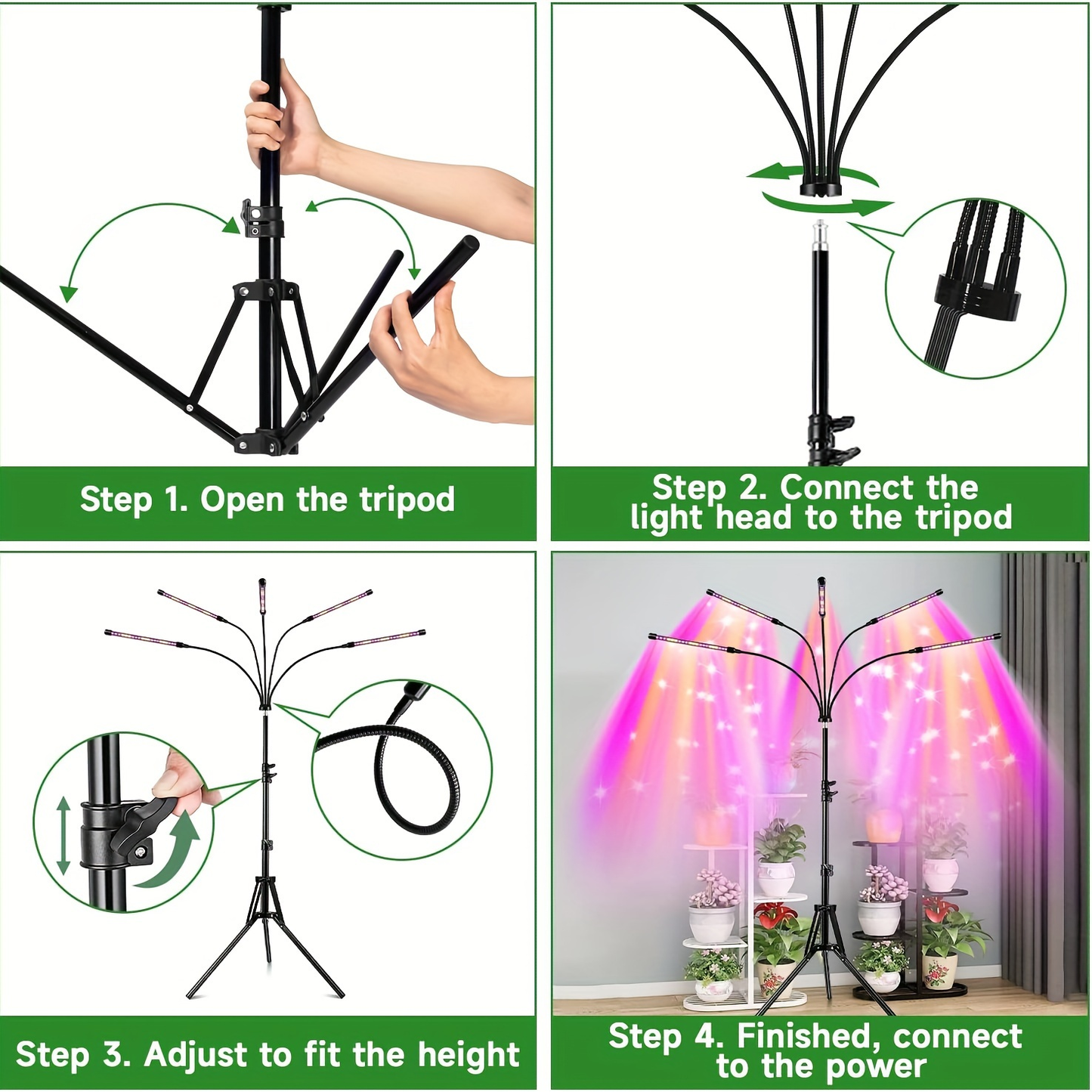 Remote Control Grow Light 4/5 Head Red Blue White Full Spectrum | 29-61'' Adjustable Tripod Stand Auto Timer | Indoor Plants Wireless Floor Lamp