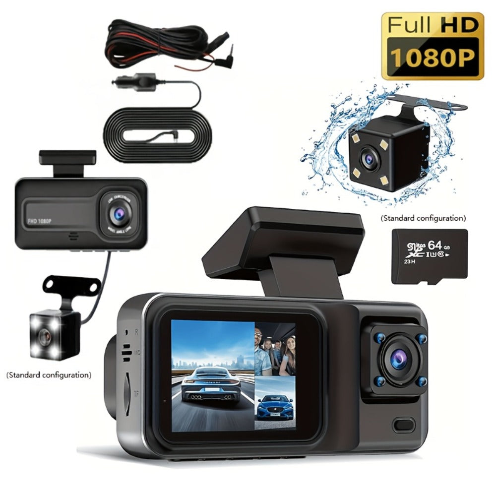 3 Channel Dash Cam Front Rear Inside 1440P+1080P+1080P with 64GB SD Card, Super Night Vision, Loop Recording, G-Sensor, Motion Detection, 24-Hour Parking Mode