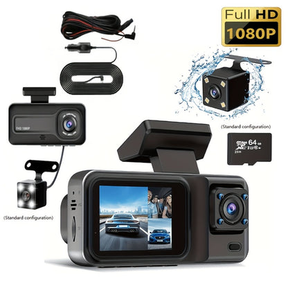 3 Channel Dash Cam Front Rear Inside 1440P+1080P+1080P with 64GB SD Card, Super Night Vision, Loop Recording, G-Sensor, Motion Detection, 24-Hour Parking Mode