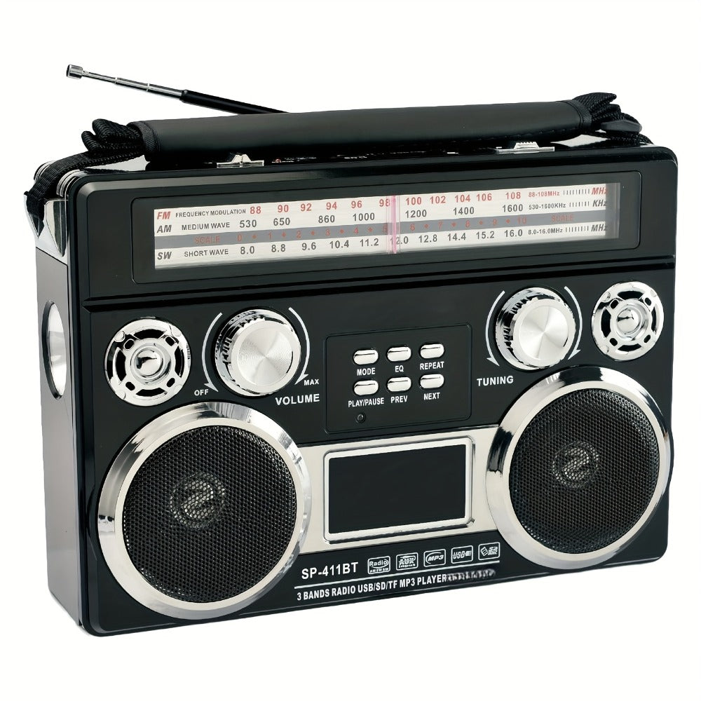 Solar Powered Bluetooth Radio Retro Portable AM FM SW with LED Flashlight, TF SD USB AUX MP3 Playback, Telescopic Antenna & Leather Handle for Camping Emergency Outdoor
