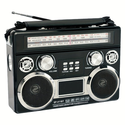 Solar Powered Bluetooth Radio Retro Portable AM FM SW with LED Flashlight, TF SD USB AUX MP3 Playback, Telescopic Antenna & Leather Handle for Camping Emergency Outdoor