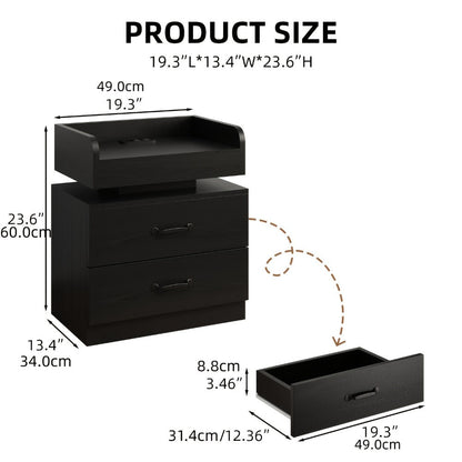 Nightstand Tray-Top Two-Drawer Bedside Table with Charging Station, LED Light and Black or White Finish