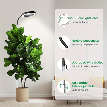 Telescopic Ring LED Plant Lamp with Flexible Gooseneck, 10-65in Pole and Black or White Options