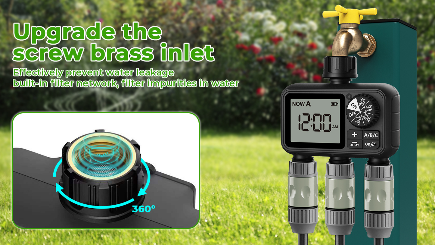 3-Zone Sprinkler Timer with Auto/Manual/Rain Delay Modes – Programmable Garden Hose Irrigation Controller, LCD Display, IPX5 Waterproof