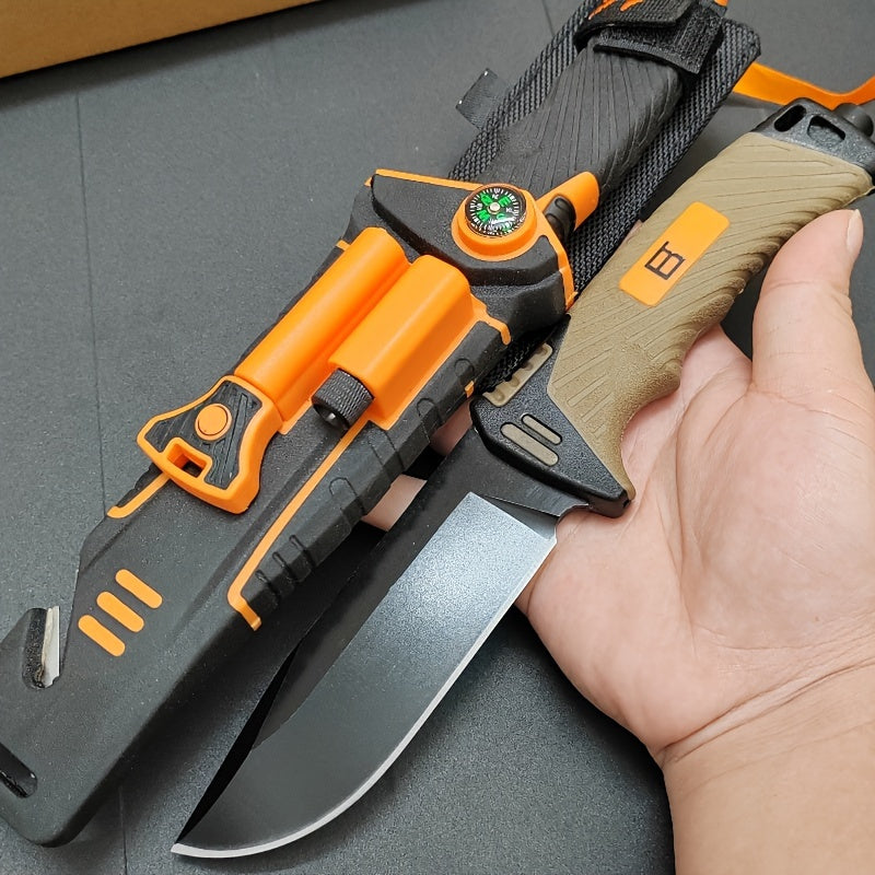 Fixed Blade Outdoor Camping Knife 9.64 Inch Stainless Steel, Survival Hunting Knife with Flint Fire Starter Night Light Sharpener Safety Sheath, Non-Slip Ambidextrous Handle for Hiking Mountaineering Adventure