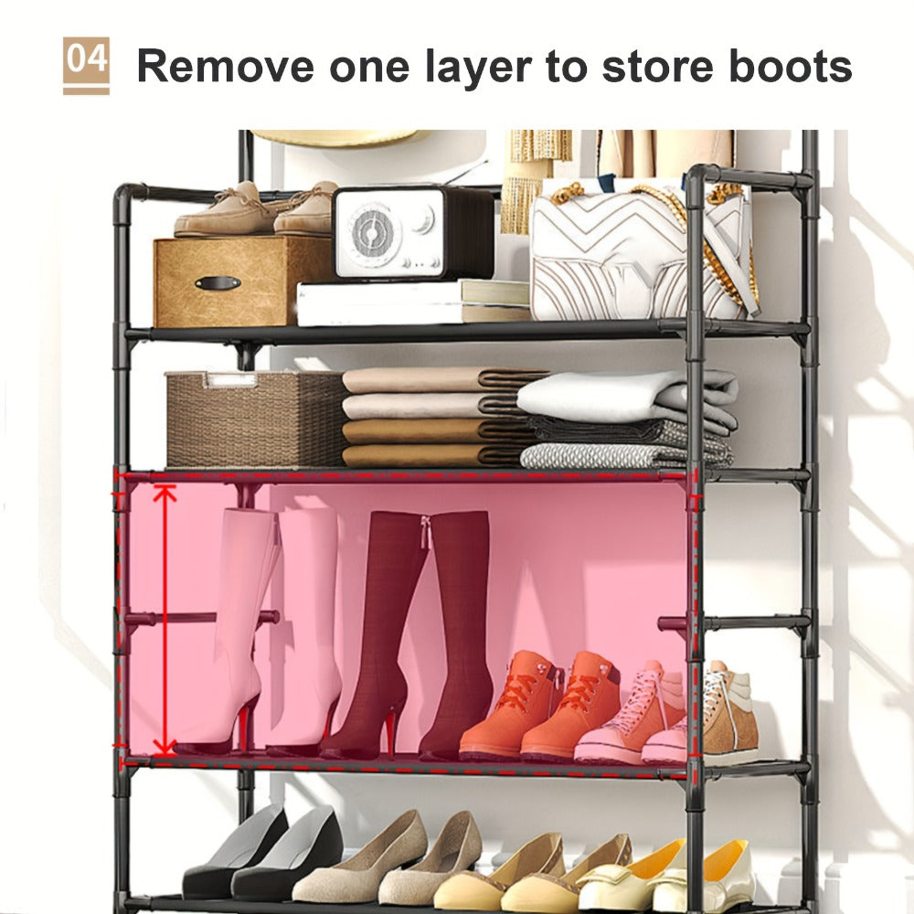 Shoe Rack Floor-Standing Organizer with 8 Double Hooks and 3-Layer or 5-Layer Black Options