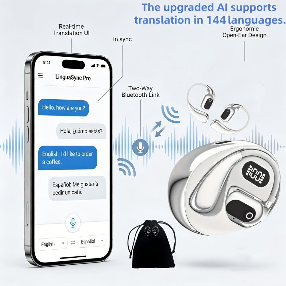 144-Language AI Real-Time Translation Earbuds, Two-Way Interpreter Earphones USB & Battery Rechargeable with Carrying Pouch, for Travel Business Shopping Learning Language Study