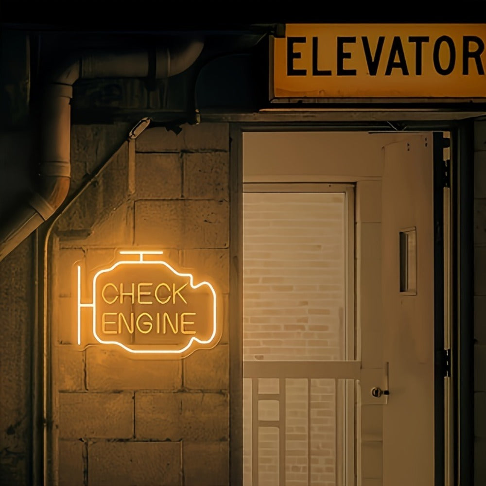 Check Engine Outline LED Neon Sign with 30 x 22.5 cm Panel, Warm Yellow Light and Wall-Mount Display