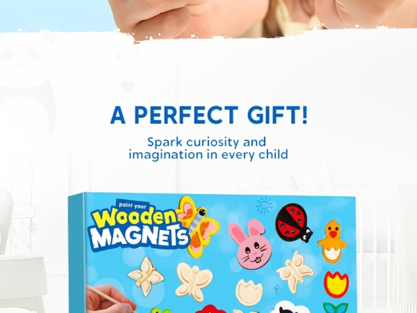 Wooden Magnet Painting Craft Kit, 12-Piece Nature Shape Set with Six Paint Tubs, Brushes and Glitter Pen