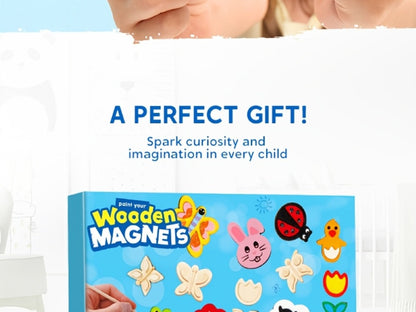 Wooden Magnet Painting Craft Kit, 12-Piece Nature Shape Set with Six Paint Tubs, Brushes and Glitter Pen