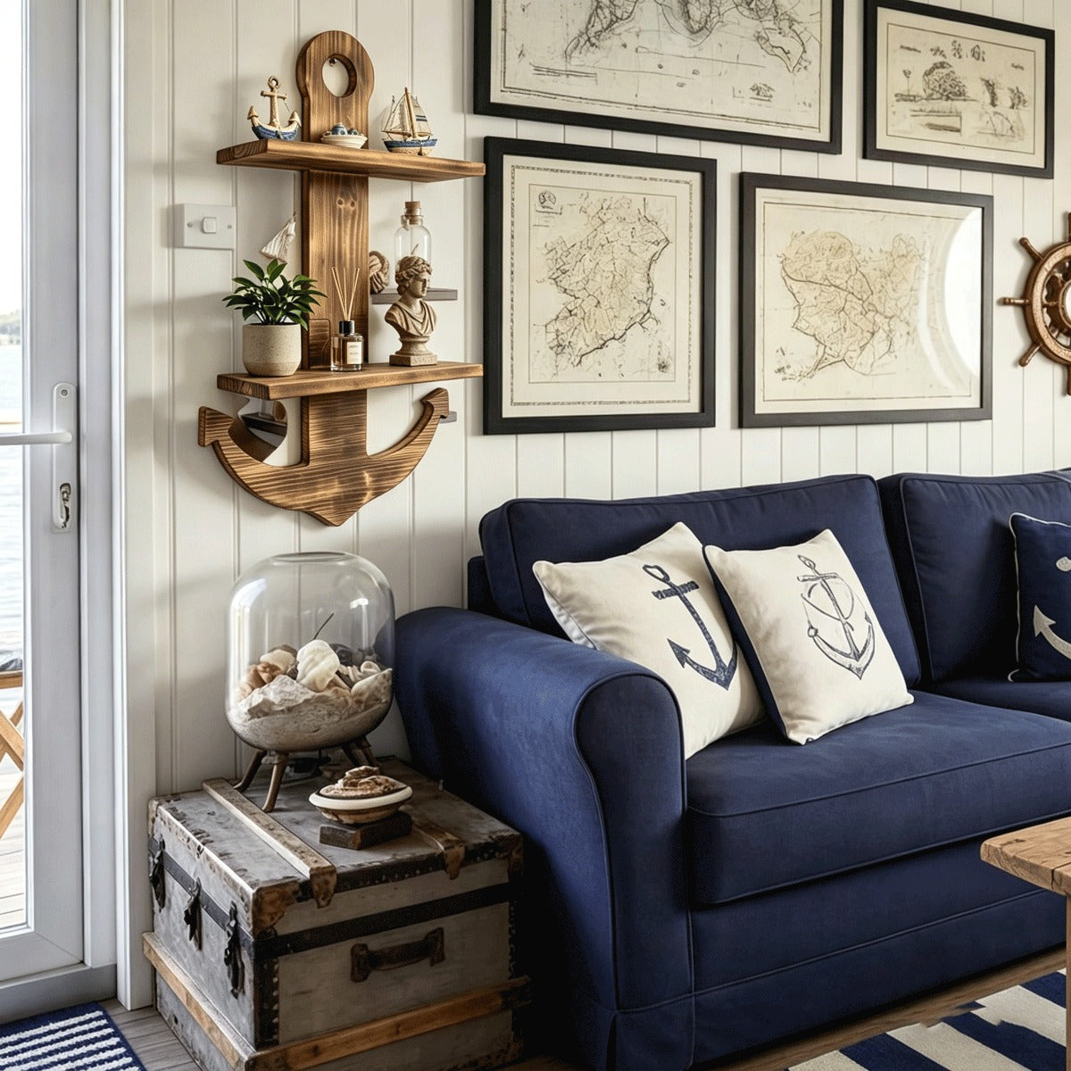 Floating Wall Shelves Solid Wood 2-Tier Nautical Anchor Shelf Handcrafted Heavy Duty Wall Mounted Organizer for Bedroom Living Room Bathroom Lake House