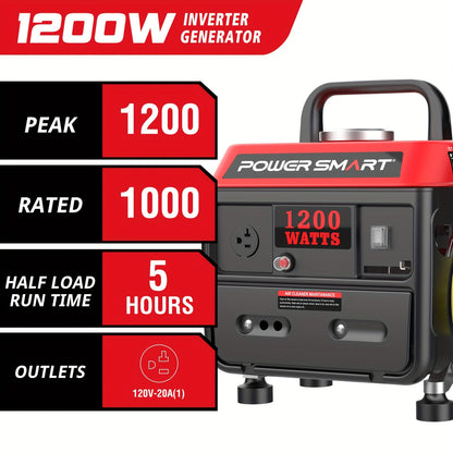 Portable Generator 1200W 2-Stroke Low Noise - Compact Lightweight Gas Powered Generator for Camping, Job Sites, Outdoor Work, Home Emergency Backup, Easy Recoil Start