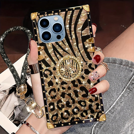 Phone Case Leopard Print Rectangular Cover with Ring Grip Kickstand for Select iPhone 12–16 Models