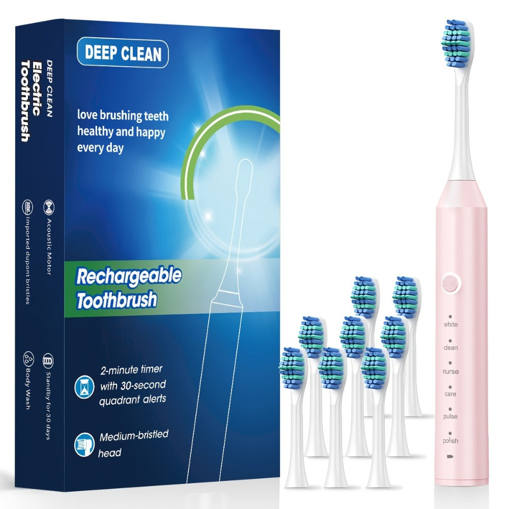 Electric Toothbrush with Six Modes, 500mAh Battery, USB Charging and Four or Eight Brush Head Bundles