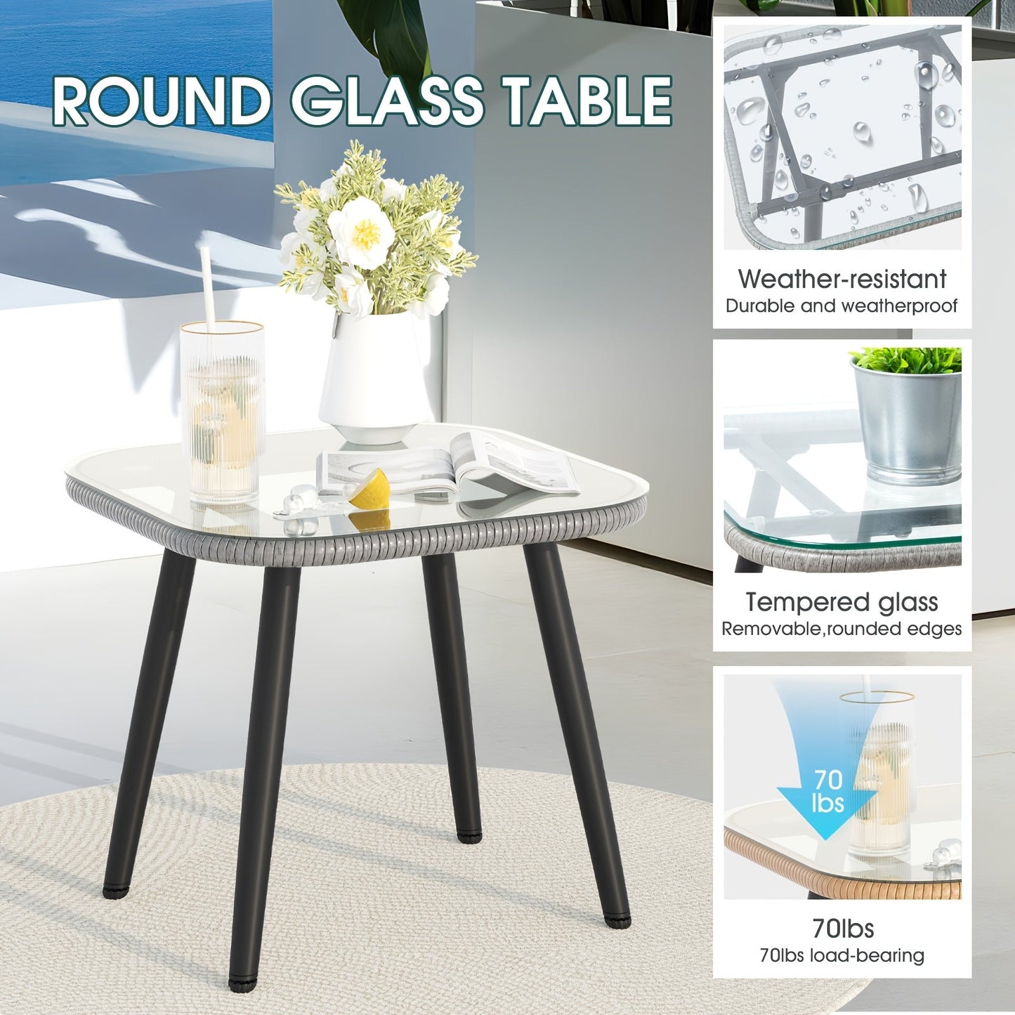 Five-Piece PE Rattan Patio Set with Two Chairs, Two Footstools, Round Glass Table and Gray-Blue Cushions