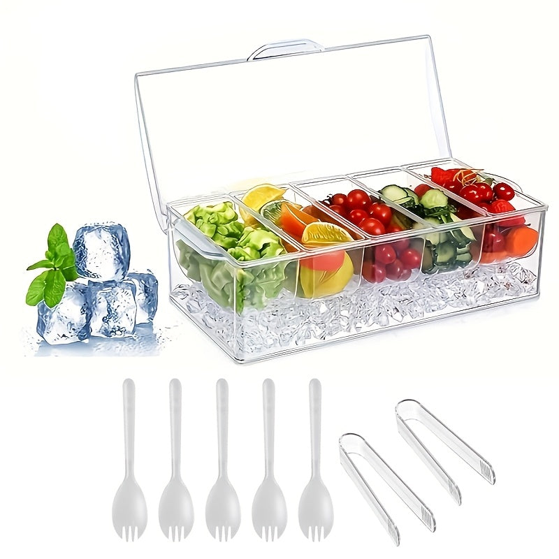 Five-Compartment Serving Bowl Set with Lid, Five Forks and Two Tongs for Party Table Display