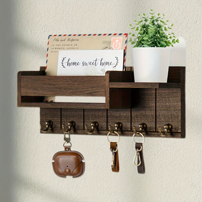 Wall Mounted Storage Rack with Mail Slot – Rustic Wood Floating Shelf with Hooks for Keys, Hats & Envelopes, Decorative Organizer for Entryway, Porch, Bedroom, Bathroom & Living Room