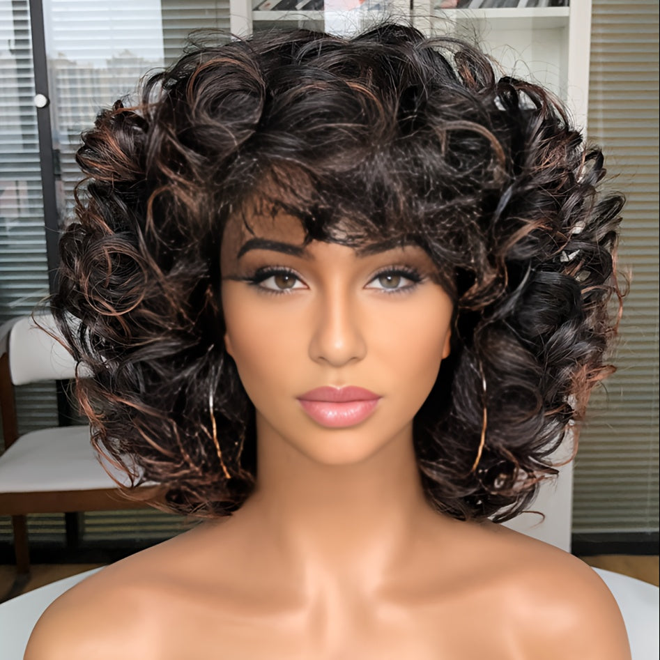 Synthetic Wig 14-Inch Jerry Curls with Wispy Bangs and 13x1 Lace Front in Three Colors for Daily Styling