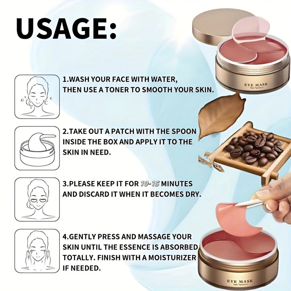 60-Piece Caffeine-Labeled Under-Eye Gel Pad Set with Hyaluronic Acid and Collagen-Labeled Formula