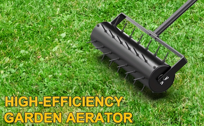 Seventeen-Inch Manual Lawn Punch Aerator with Long Black Handle and Visible Spiked Roller Design
