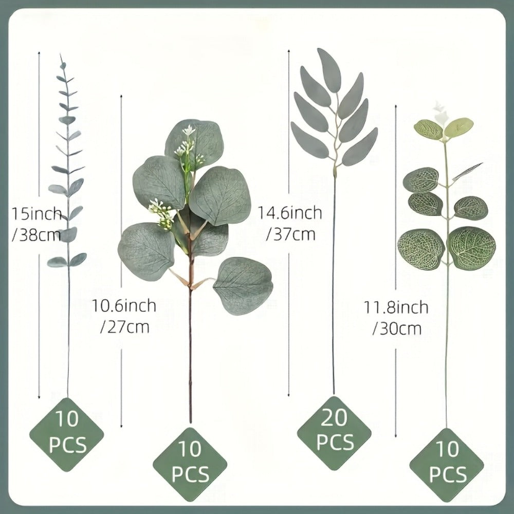 Artificial Flowers Eucalyptus Stem Set in 50 or 56 Pieces with Four Leaf Varieties and White Accents