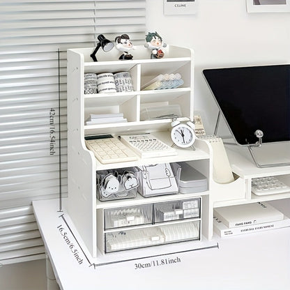 6-Layer Desktop Storage Rack Desk Organizer with File Holder Pen Holder Space-Saving Office Organizer Matte White PVC Stationery Cosmetics Dormitory Bookshelf Partition Box Multiple Sizes