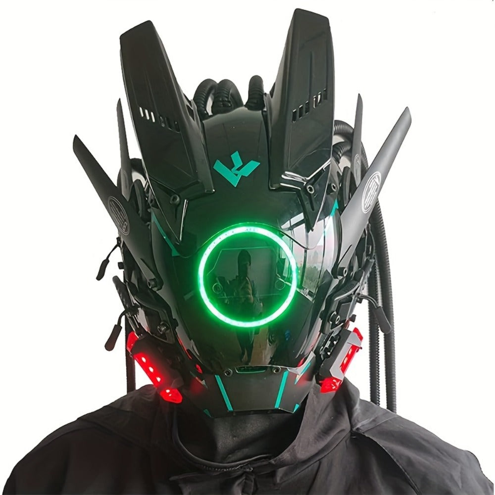 LED Braided Cyberpunk Costume Helmet with Circular Face Light and Blue, Green or Pink Accent Styles