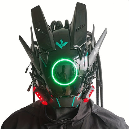 LED Braided Cyberpunk Costume Helmet with Circular Face Light and Blue, Green or Pink Accent Styles