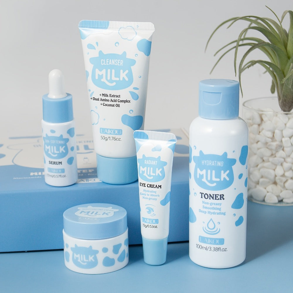 Skincare Set with LAIKOU Label, 5 Milk Niacinamide Alpha-Arbutin Items with Cleanser Toner Serum and Creams