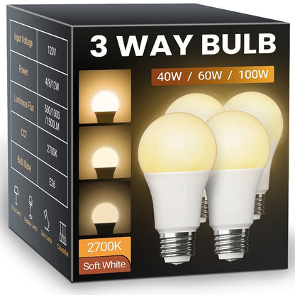 Three-Way A19 LED Bulbs with E26 Base, 1500 Lumens and 2700 K or 5000 K Light, Four-Pack for Floor and Table Lamps